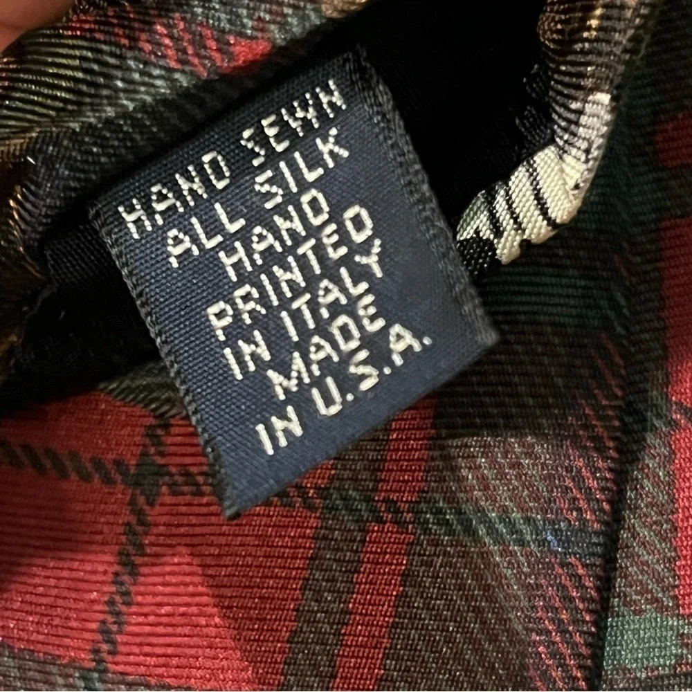 VTG Silk Tie Bald Eagle Novelty Print Red Green Plaid Background USA Patriotic